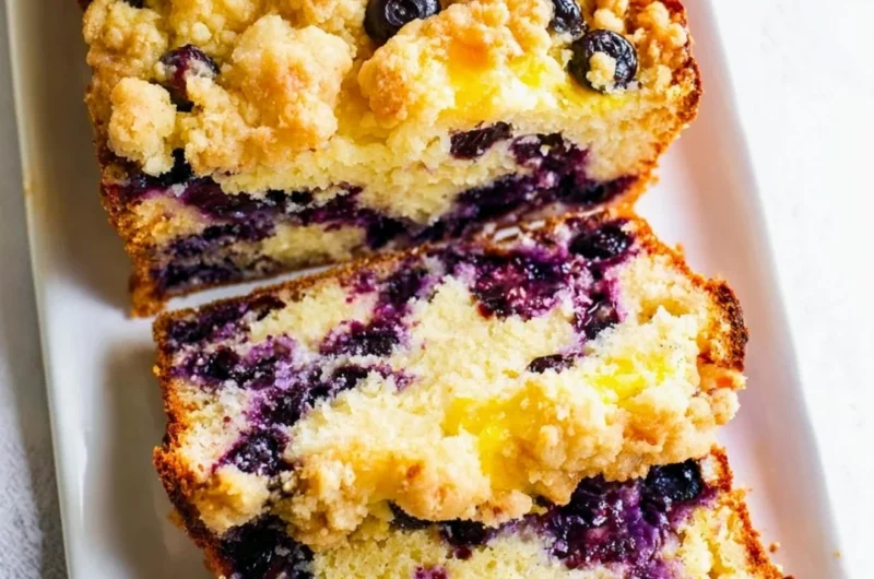Freshly baked blueberry lemon loaf with a golden crust and vibrant blueberries