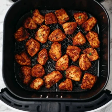 Crispy air fryer chicken bites served with dipping sauce on a plate