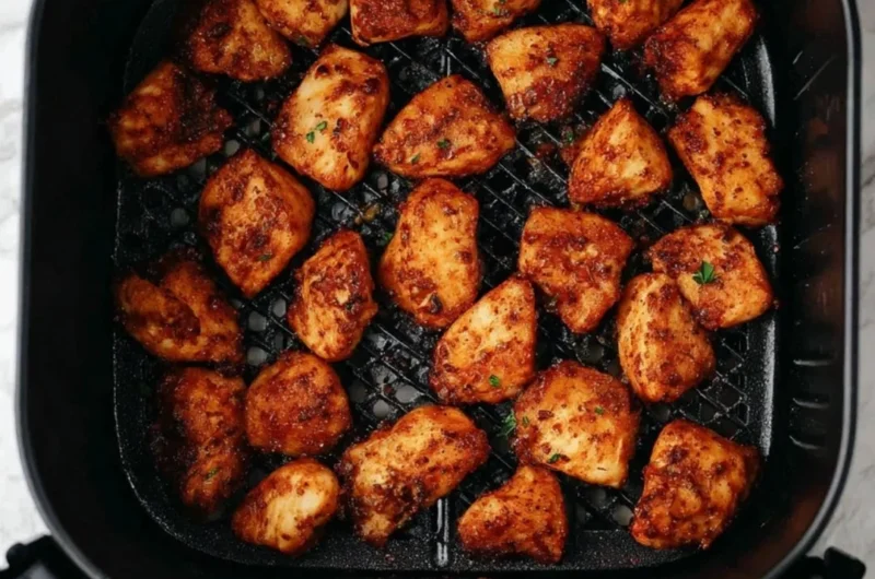 Crispy air fryer chicken bites served with dipping sauce on a plate