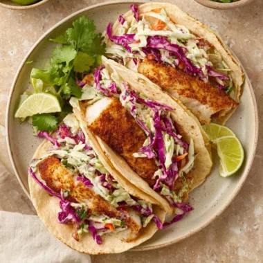 Crispy air fryer fish tacos topped with fresh ingredients