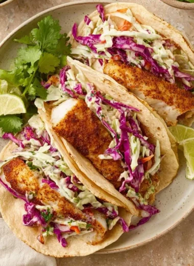 Crispy air fryer fish tacos topped with fresh ingredients