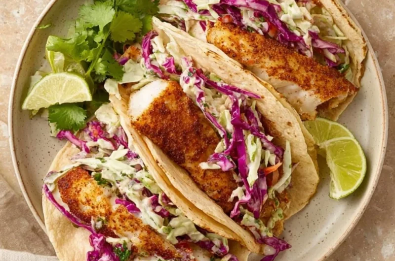 Crispy air fryer fish tacos topped with fresh ingredients