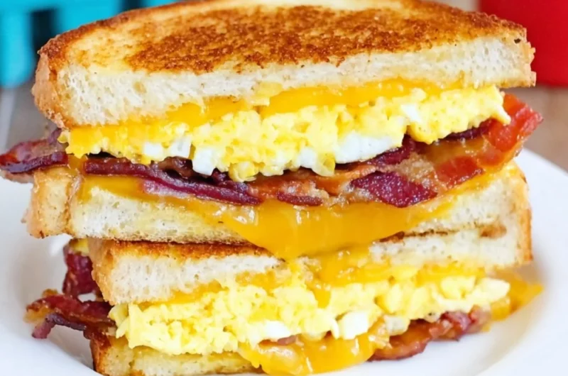Bacon and Egg Grilled Cheese Sandwich with melted cheese and crispy bacon
