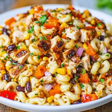 BBQ Chicken Pasta Salad with BBQ mayonnaise, corn, bell peppers, and chicken.