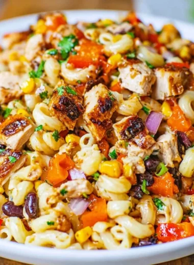 BBQ Chicken Pasta Salad with BBQ mayonnaise, corn, bell peppers, and chicken.