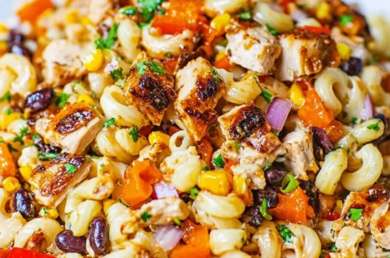 BBQ Chicken Pasta Salad with BBQ mayonnaise, corn, bell peppers, and chicken.