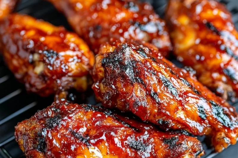 Oven-baked BBQ chicken wings on a platter with a side of dipping sauce