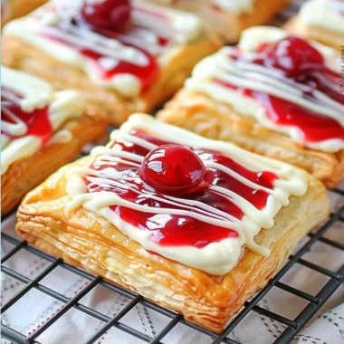 Freshly baked Cherry Cream Cheese Danishes on a cooling rack