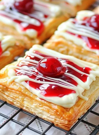 Freshly baked Cherry Cream Cheese Danishes on a cooling rack