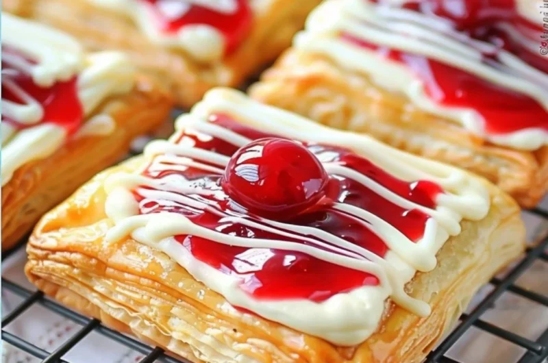 Freshly baked Cherry Cream Cheese Danishes on a cooling rack