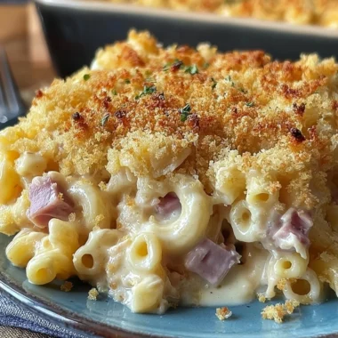 Delicious Chicken Cordon Bleu Casserole topped with breadcrumbs and cheese