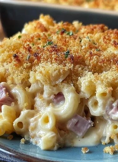 Delicious Chicken Cordon Bleu Casserole topped with breadcrumbs and cheese