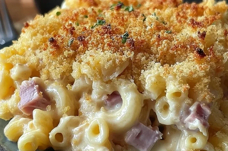 Delicious Chicken Cordon Bleu Casserole topped with breadcrumbs and cheese