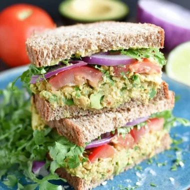 Chickpea avocado sandwich on a plate with fresh ingredients