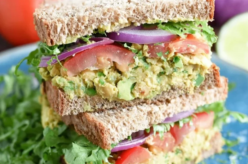 Chickpea avocado sandwich on a plate with fresh ingredients
