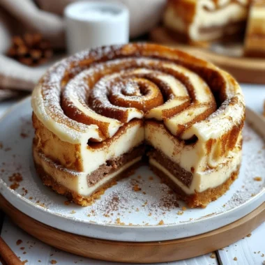 Delicious cinnamon roll cheesecake topped with honey glaze and cinnamon swirl