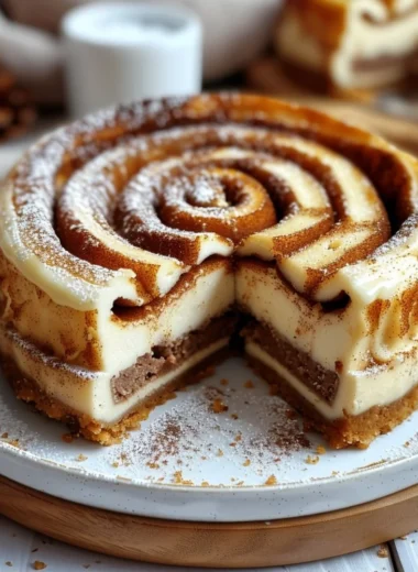 Delicious cinnamon roll cheesecake topped with honey glaze and cinnamon swirl