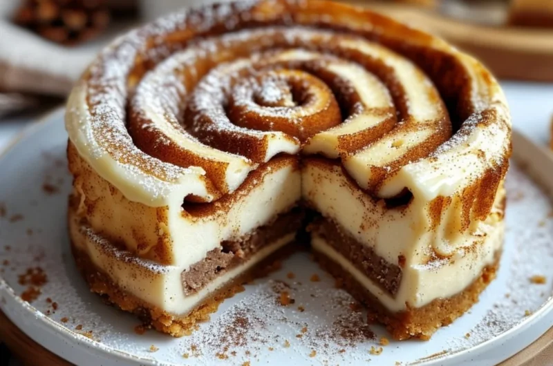 Delicious cinnamon roll cheesecake topped with honey glaze and cinnamon swirl