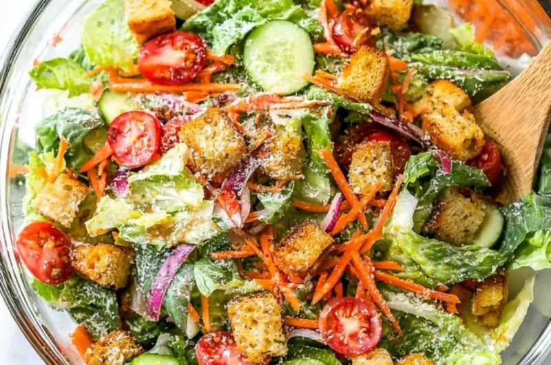 A fresh and colorful classic house salad with greens and vegetables.