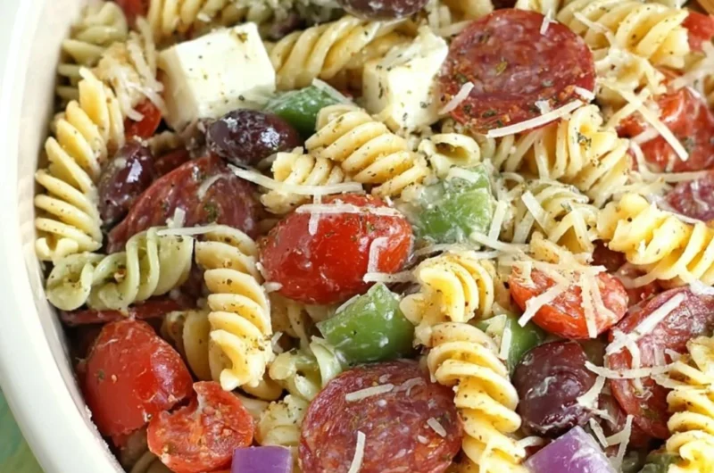 Bowl of classic pasta salad with fresh vegetables and dressing