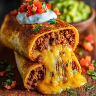 Delicious beef chimichangas filled with cheese, served for a cozy meal.