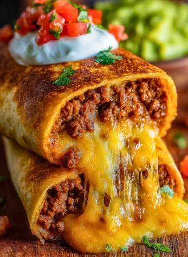 Delicious beef chimichangas filled with cheese, served for a cozy meal.