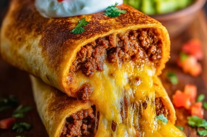Delicious beef chimichangas filled with cheese, served for a cozy meal.