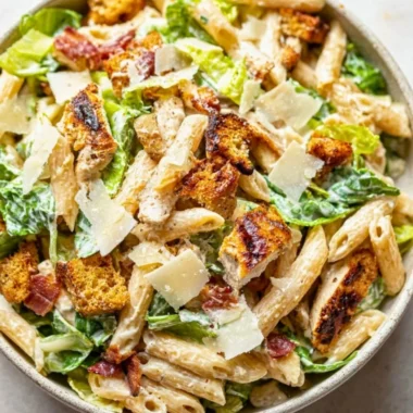 Cozy Chicken Caesar Pasta Salad with grilled chicken, romaine, and Caesar dressing