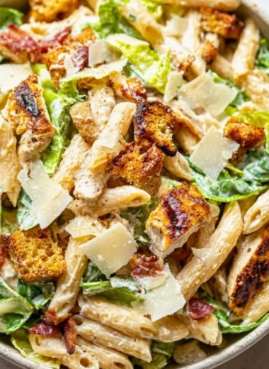 Cozy Chicken Caesar Pasta Salad with grilled chicken, romaine, and Caesar dressing