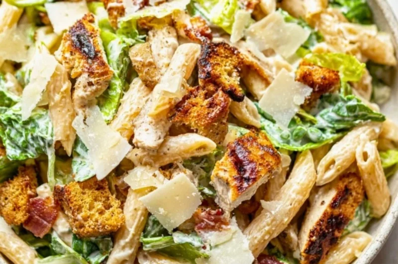 Cozy Chicken Caesar Pasta Salad with grilled chicken, romaine, and Caesar dressing