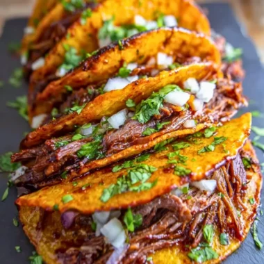 Cozy crock pot birria tacos served with fresh toppings