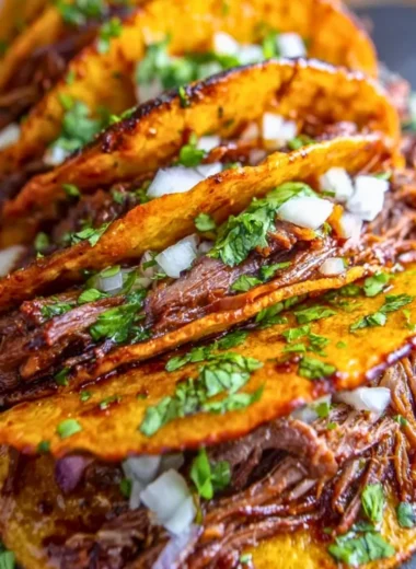 Cozy crock pot birria tacos served with fresh toppings