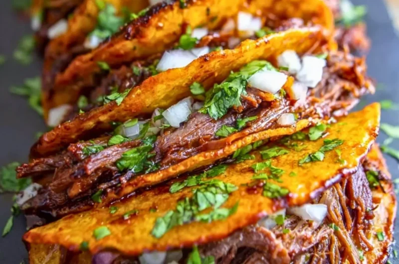 Cozy crock pot birria tacos served with fresh toppings
