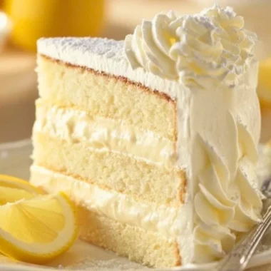 Slice of Italian Lemon Cream Cake with lemon zest and cream topping