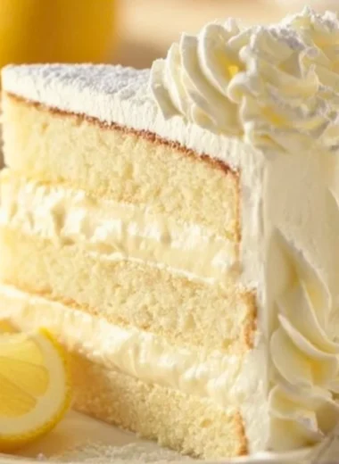 Slice of Italian Lemon Cream Cake with lemon zest and cream topping