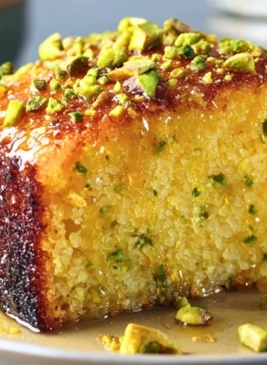 Cozy lemon pistachio cake decorated with fresh lemons and pistachios