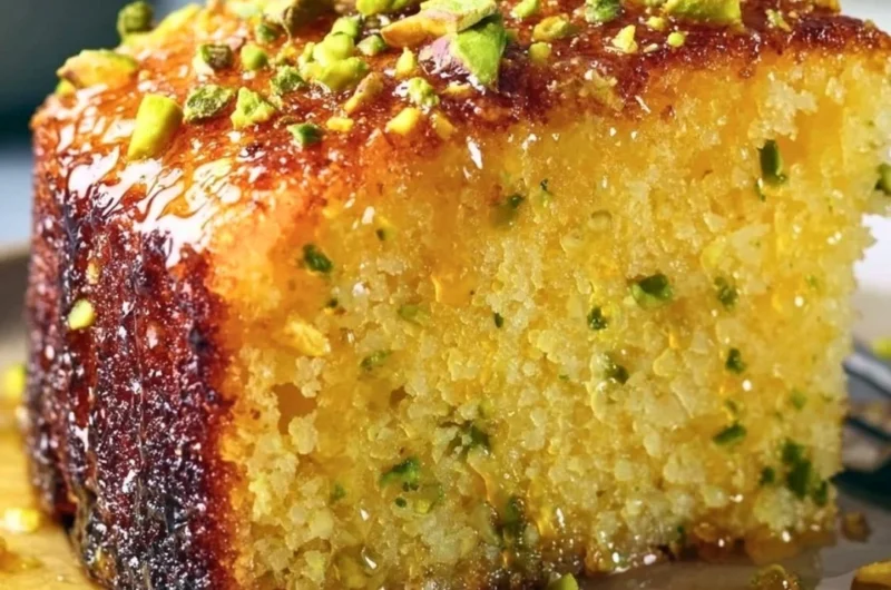 Cozy lemon pistachio cake decorated with fresh lemons and pistachios