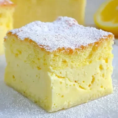 Slice of cozy lemon custard cake with a lemon slice garnish on a plate