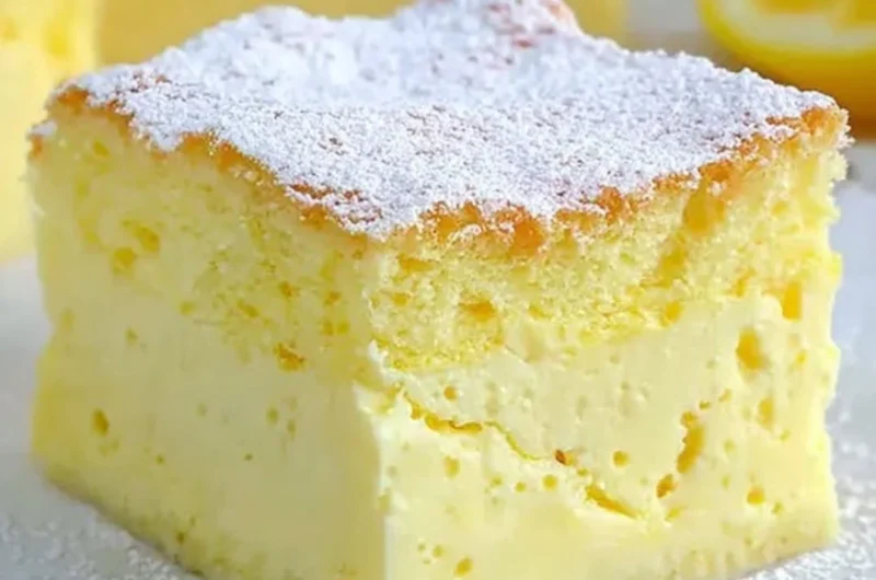 Slice of cozy lemon custard cake with a lemon slice garnish on a plate