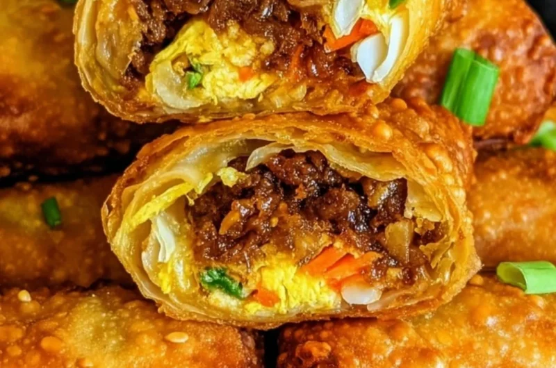 Crispy golden brown egg rolls served on a plate
