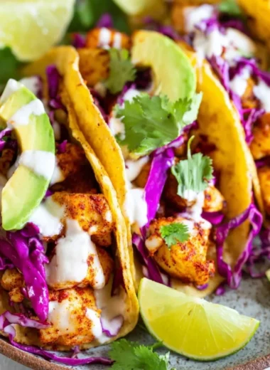 Delicious homemade fish tacos with fresh toppings and vibrant colors