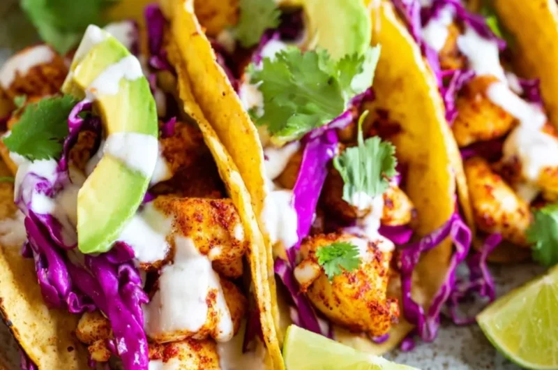 Delicious homemade fish tacos with fresh toppings and vibrant colors
