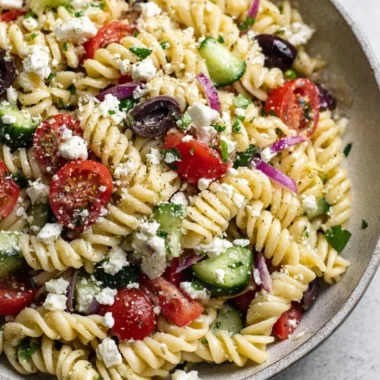 Delicious Greek Pasta Salad with vegetables and feta cheese in a bowl.