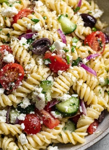 Delicious Greek Pasta Salad with vegetables and feta cheese in a bowl.