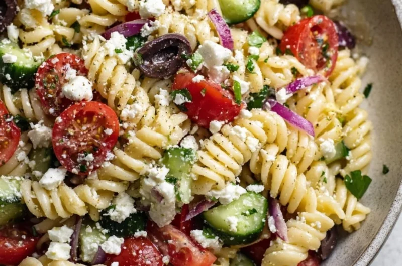 Delicious Greek Pasta Salad with vegetables and feta cheese in a bowl.