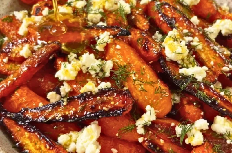 Honey garlic roasted carrots with feta cheese on a serving platter