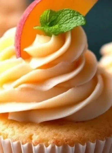 Honey Peach Cream Cheese Cupcakes with peach topping and cream cheese frosting