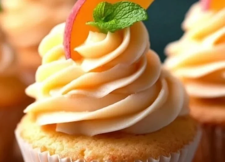 Honey Peach Cream Cheese Cupcakes with peach topping and cream cheese frosting