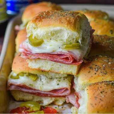 Hot Italian Sub Sliders topped with melted cheese and fresh herbs