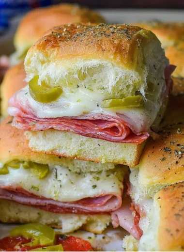 Hot Italian Sub Sliders topped with melted cheese and fresh herbs
